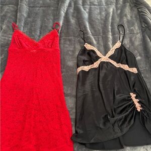 Victoria Secret Elegant Red Lace and Black Satin Nightgown Set